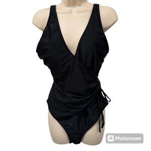 Black low V one piece bathing suit faux front wrap side gold rings & tie, XL.